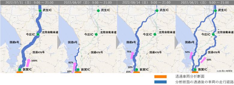 図2　敦賀IC付近を走行する自動車の経路変化