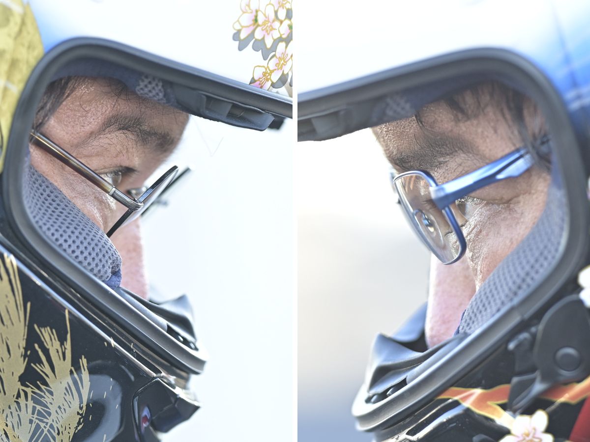 右が「ライディングアイウエア Ride」で、左が普通のメガネ。「ライディングアイウエア Ride」はレンズが瞳に近く、ヘルメットをかぶって上目遣いしたときに“レンズの一番おいしいところ”を使って視界を確保。一方普通のメガネは、瞳とレンズの距離があり、上目遣いするとレンズの端を使うことになり、しかも目線に対してレンズ面の角度が大きくついている。この3つの要素が視界を歪ませるのだ。