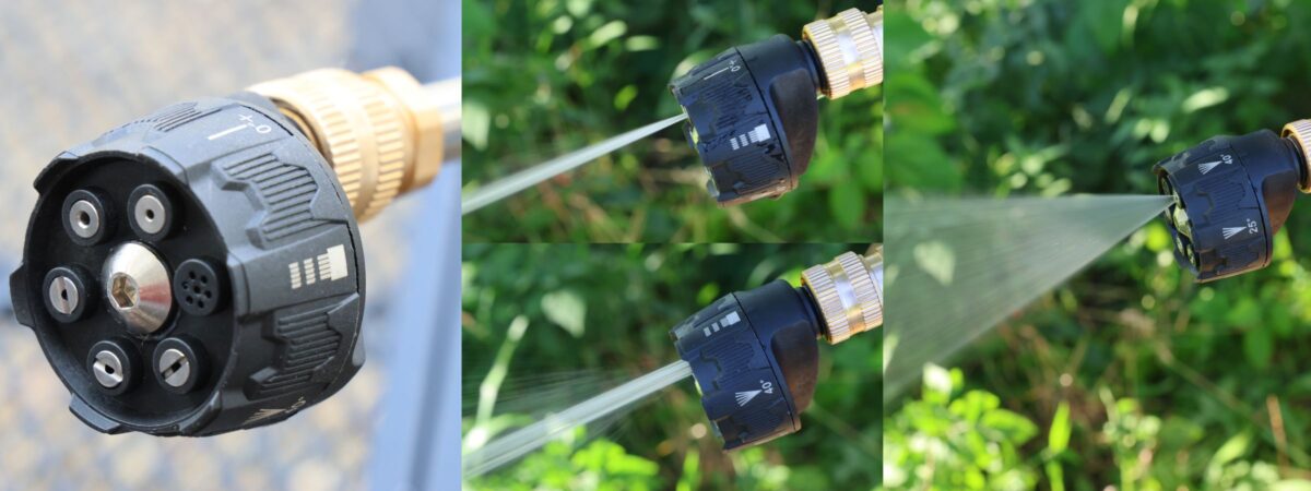 先端に取り付けるマルチノズルによる噴射モードの切り替えは6種類。“シャワー（写真中下）”、“0°＋（写真中上）”、“0°”、“15°”、“25°”、“40°（写真右）”で、洗車の泡を洗い流すなら“25°”、“40°”、しつこい汚れを勢いで吹き飛ばすなら“0°＋”や“0°”が使いやすかった