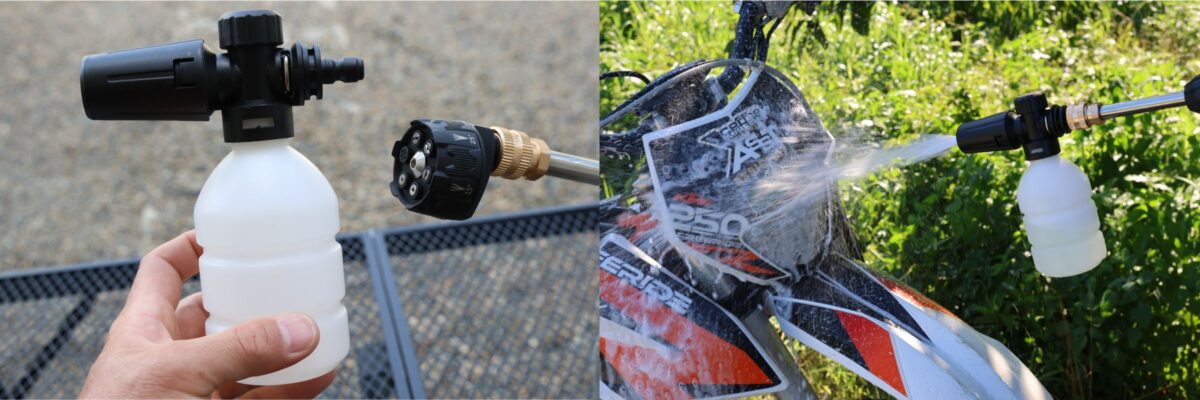 洗剤タンクはマルチノズルと付け替えて使用。中性洗剤を薄めた薬液を入れておくと効率的に泡状になった洗剤を散布できる