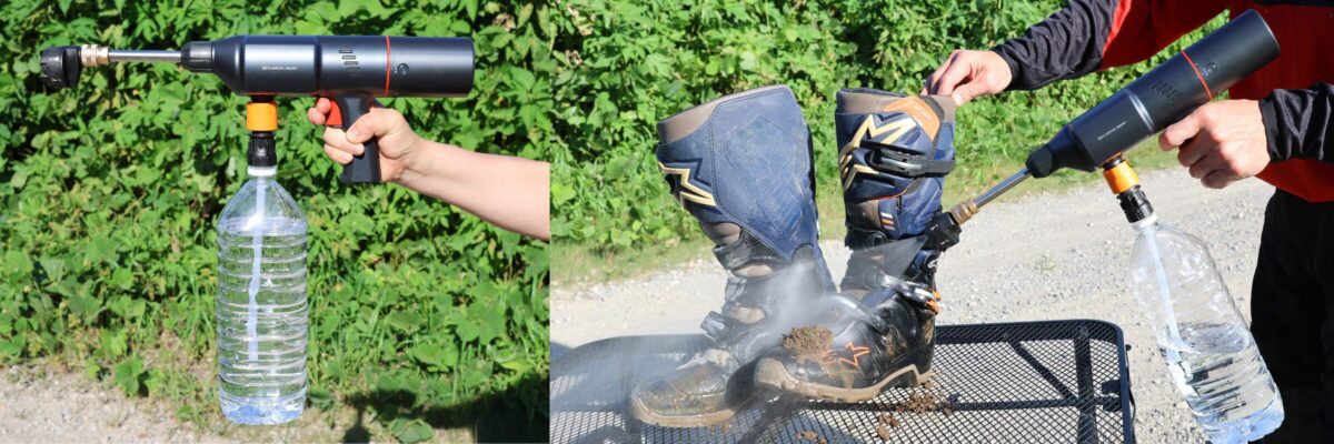 小物の洗浄にはペットボトル用の給水ホースが便利。市販のペットボトルに水を入れて持ち運べばどこでも気軽に高圧洗浄機が使える。ちなみに使用可能時間は2ℓのペットボトル1本で40秒ほど