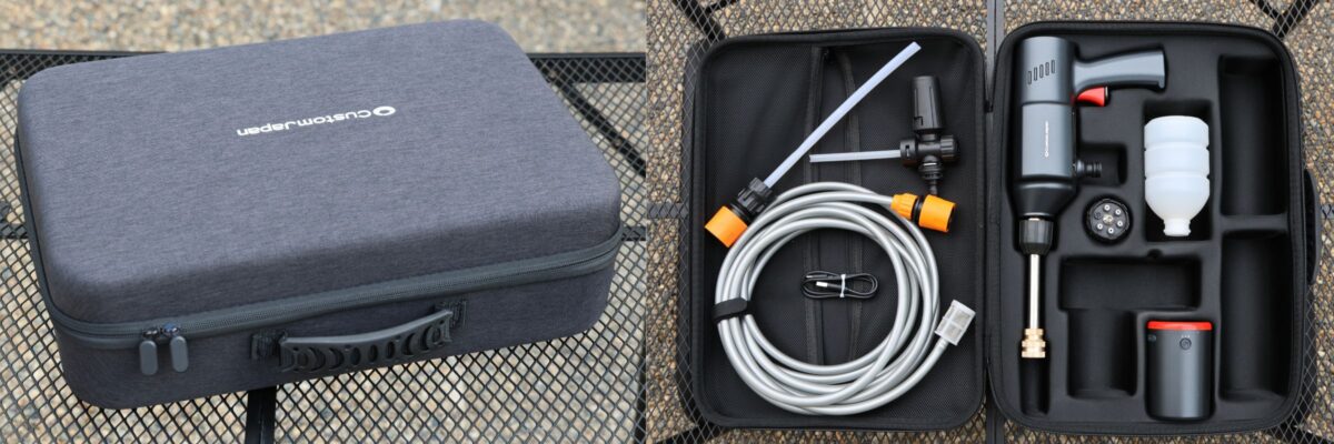 持ち運びに便利でパーツの紛失も防げるケース付き。充電コードや取扱説明書はもちろん、ホースまでも収納可能。