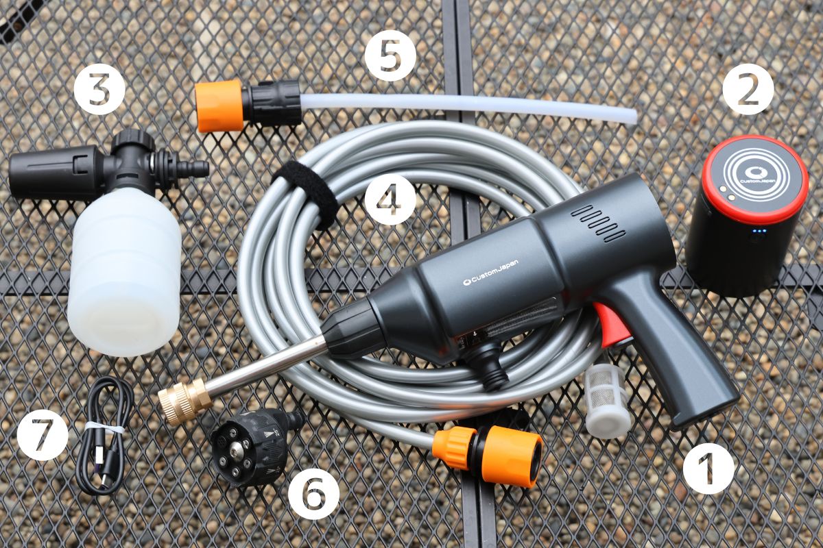 「スマートポータブル01高圧洗浄機」の入り組は、①洗浄機本体、②バッテリー、③洗剤用タンク、④給水ホース、⑤ペットボトル用給水ホース、⑥マルチノズル、⑦USBケーブル（Type-C）