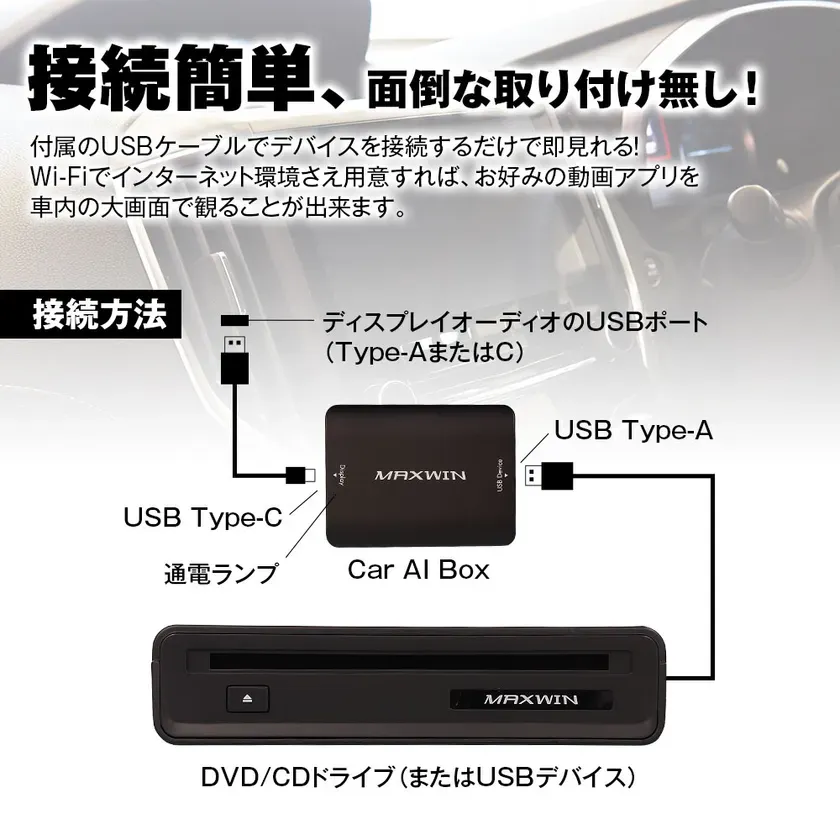 マックスウィン DA-DVD01 Car AI Box オプションケーブル付 DVD/CDドライブも付属したAndroid13システム搭載のCar AI Box DA