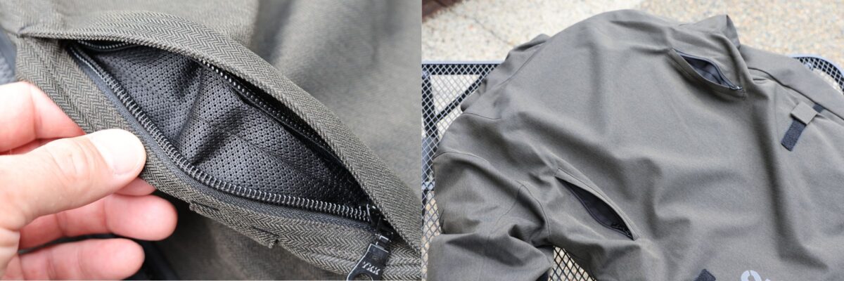 フロントVベントに加え、背中の左右2箇所、二の腕にはファスナータイプのベンチレーションを備え、幅広いシーズンで使用できる。