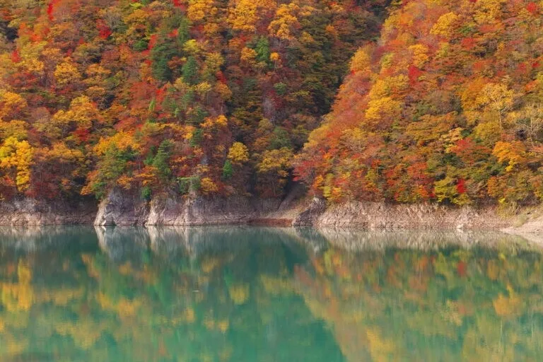 紅葉した山々の様子を水面に映した美しい風景写真です。赤や黄色に染まった木々が湖面に映り込み、自然の美しさを際立たせています。
