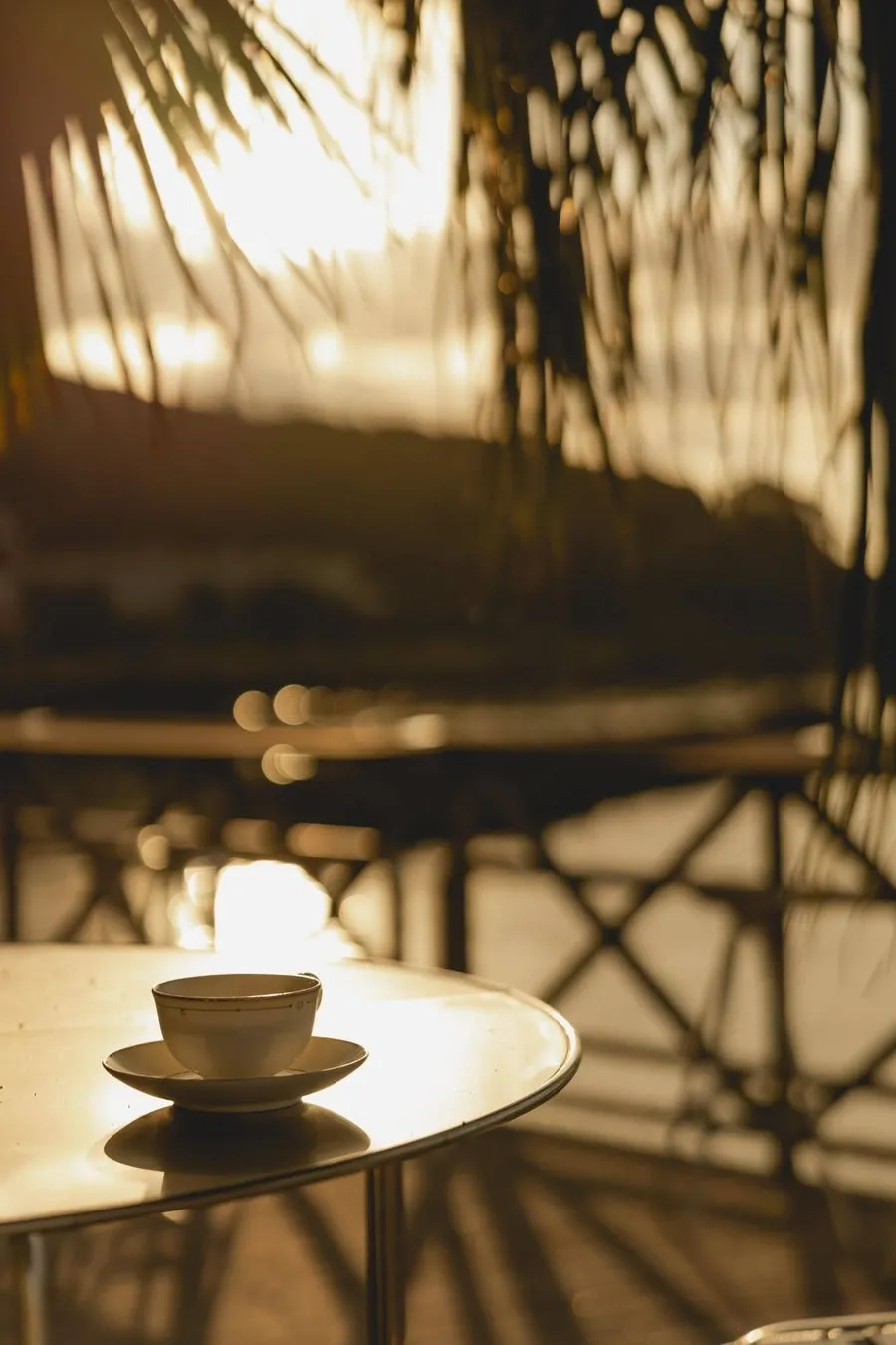 テーブルの上に置かれたコーヒーカップのクローズアップ写真。背景には夕日の光が差し込み、ぼやけたシルエットと暖色系の色合いが特徴的。