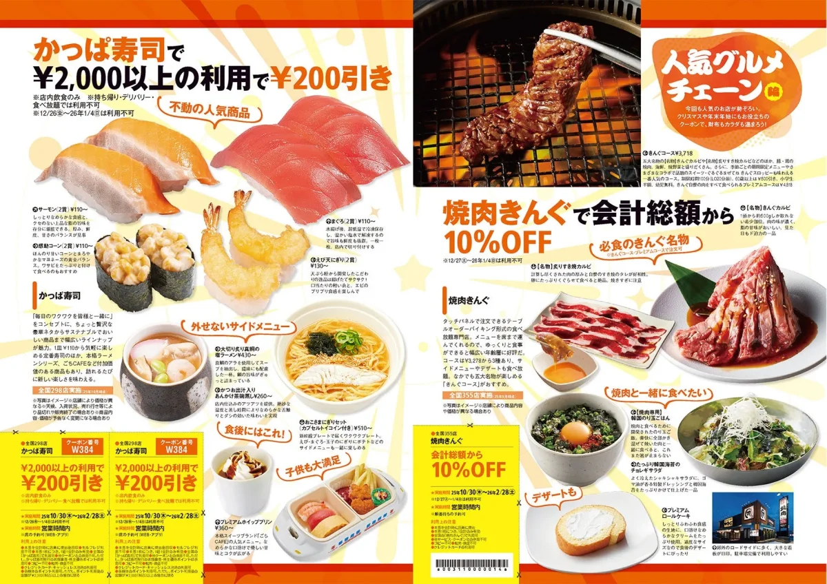かっぱ寿司と焼肉きんぐのクーポンが掲載された画像です。かっぱ寿司では、2,000円以上の利用で200円引き、焼肉きんぐでは、会計総額から10%OFFになるお得な情報が記載されています。