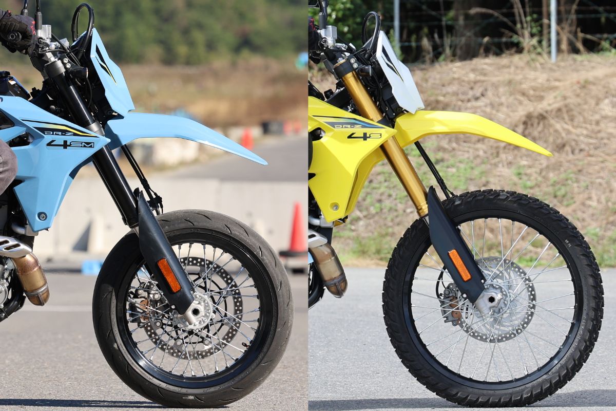 モタードモデルのDR-Z4SMは、前後17インチホイールを採用しより大きなφ310mmディスクをフローティング構造でセット。一方、オフロードモデルのDR-Z4Sはフロント21インチホイールにφ270mmディスクの組み合わせ
