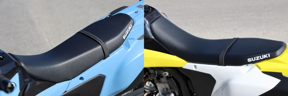 シート高の数値は両車とも895mmで一緒だが、DR-Z4SMとDR-Z4Sで30mmほどシートの厚みが異なる。ただベースは一緒なので、DR-Z4Sの純正シートをDR-Z4SMに装着すれば30mmシート高を下げられる