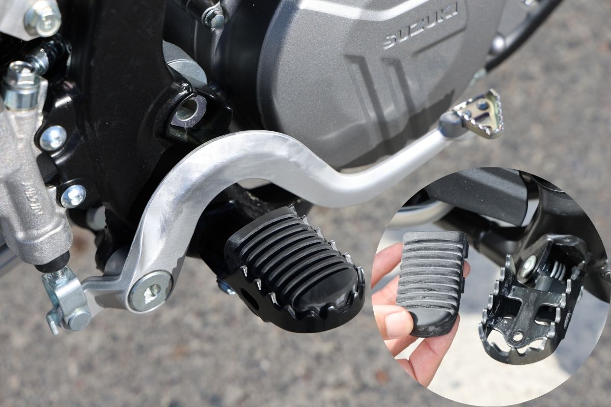 ステップはDR-Z4シリーズ共通で幅49mmのワイドステップを採用。コントロール性のアップを狙い先代比で+16mmほどワイド化されている。ラバーパッドはオフロード走行時に取り外せる