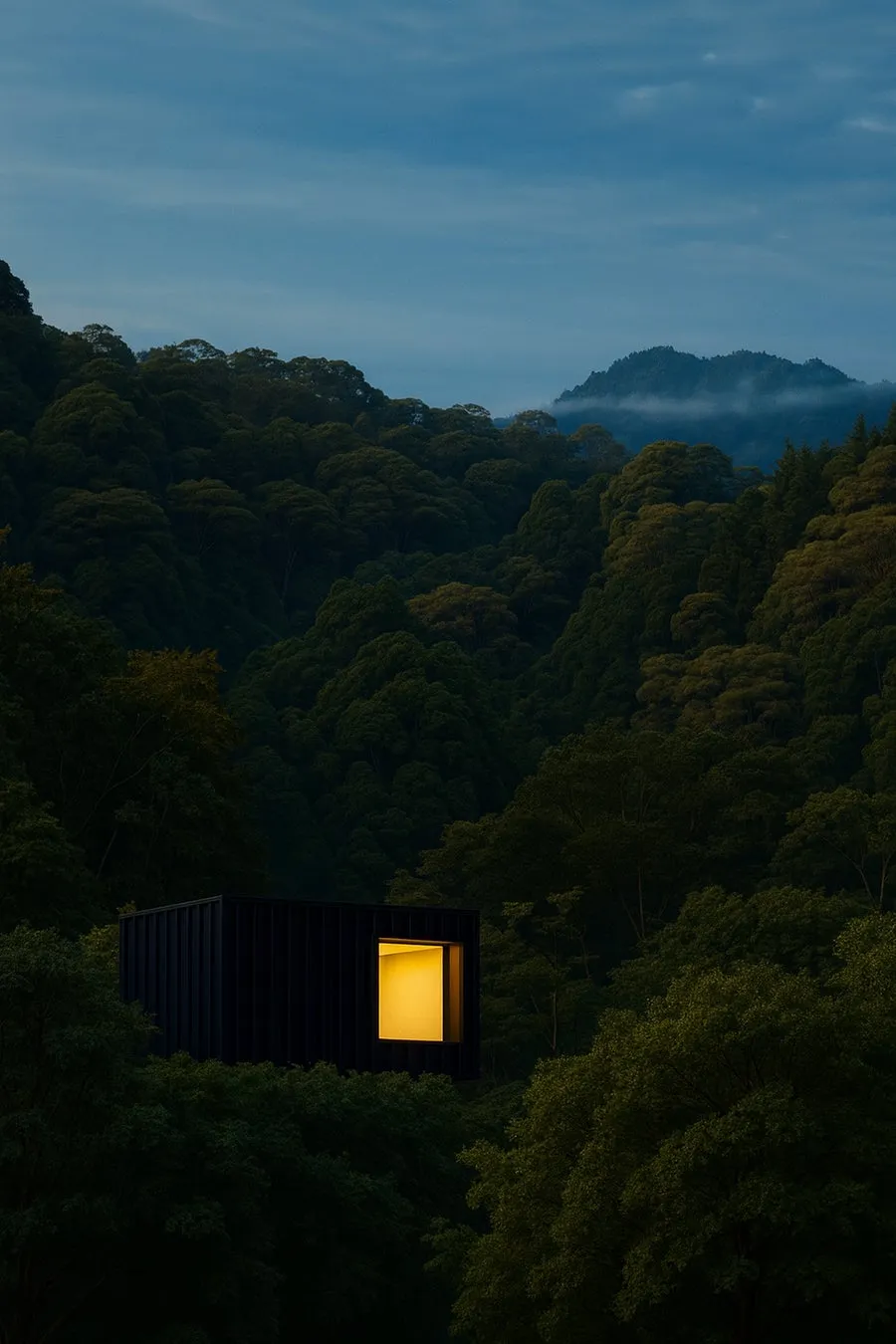 深い森の中にひっそりと佇むモダンな建物。夜の闇に包まれた森の中で、建物の一つの窓から温かい光が漏れている。
