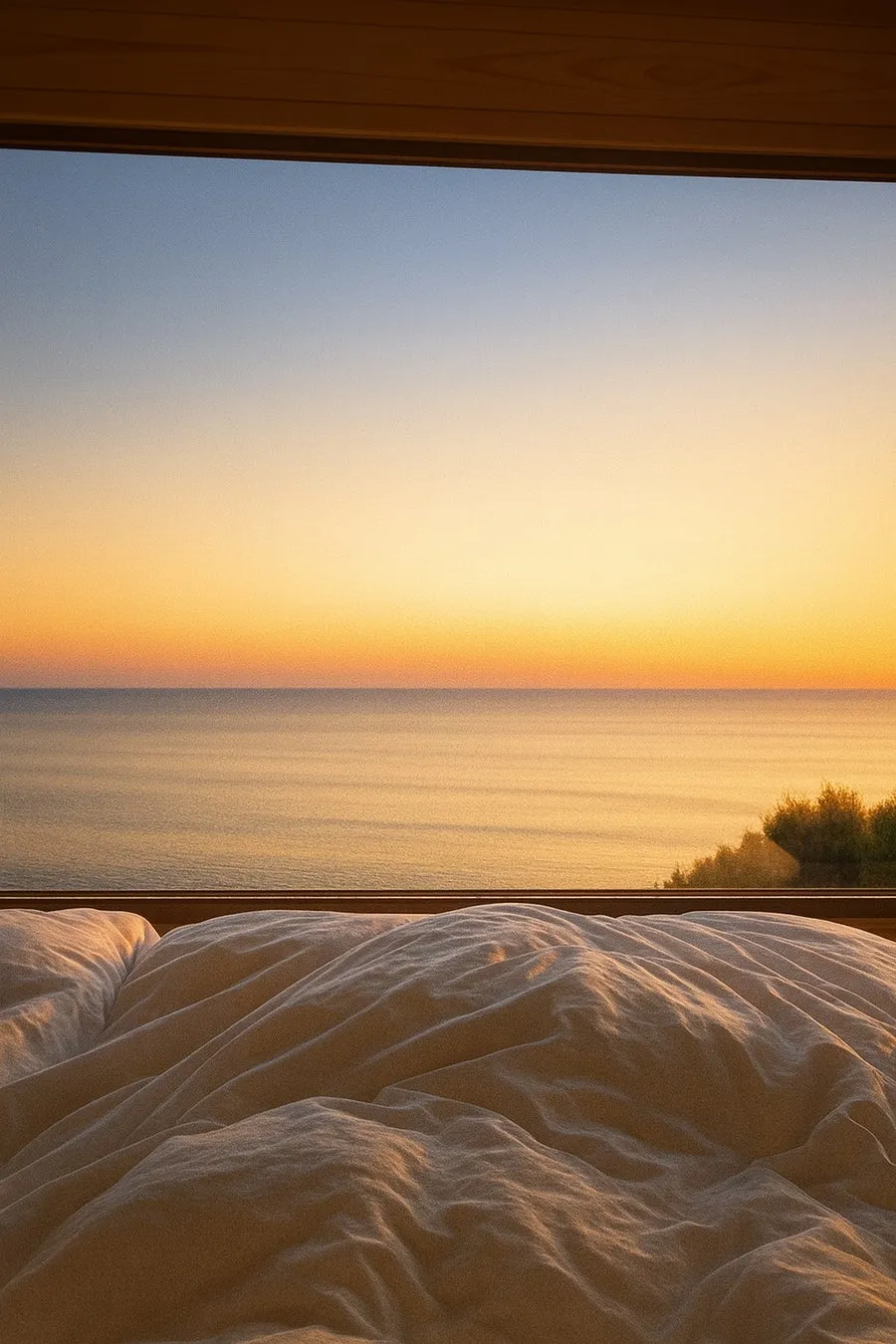 ベッドから広がる窓の外には、夕焼けに染まる広大な海と空が広がり、穏やかで美しい景色を作り出している。