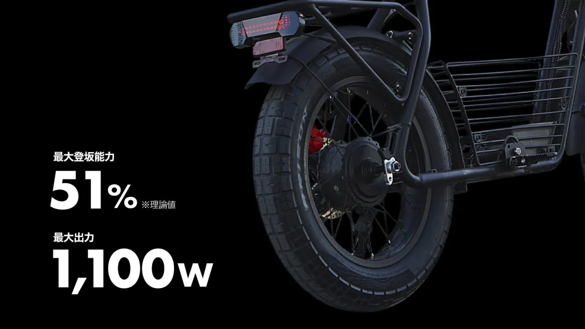黒い電動自転車のリアタイヤ。最大登坂能力51%と最大出力1,100wのスペックが表示されている。