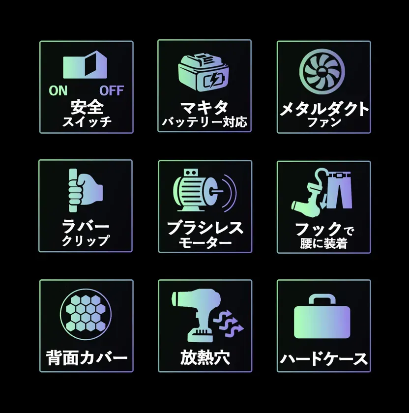 製品の機能や特徴を示すアイコンが並んだ画像です。安全スイッチ、マキタバッテリー対応、メタルダクトファン、ラバークリップ、ブラシレスモーター、フックで腰に装着、背面カバー、放熱穴、ハードケースといった要素がアイコンで表現されています。