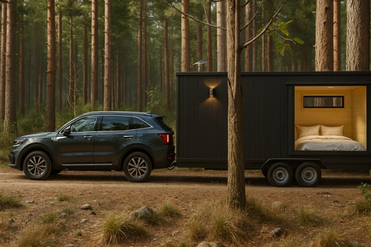 深い松林の中、ダークグレーのSUVがモダンな黒いトレーラーハウスを牽引している様子。トレーラーの窓からは快適そうなベッドが見える。
