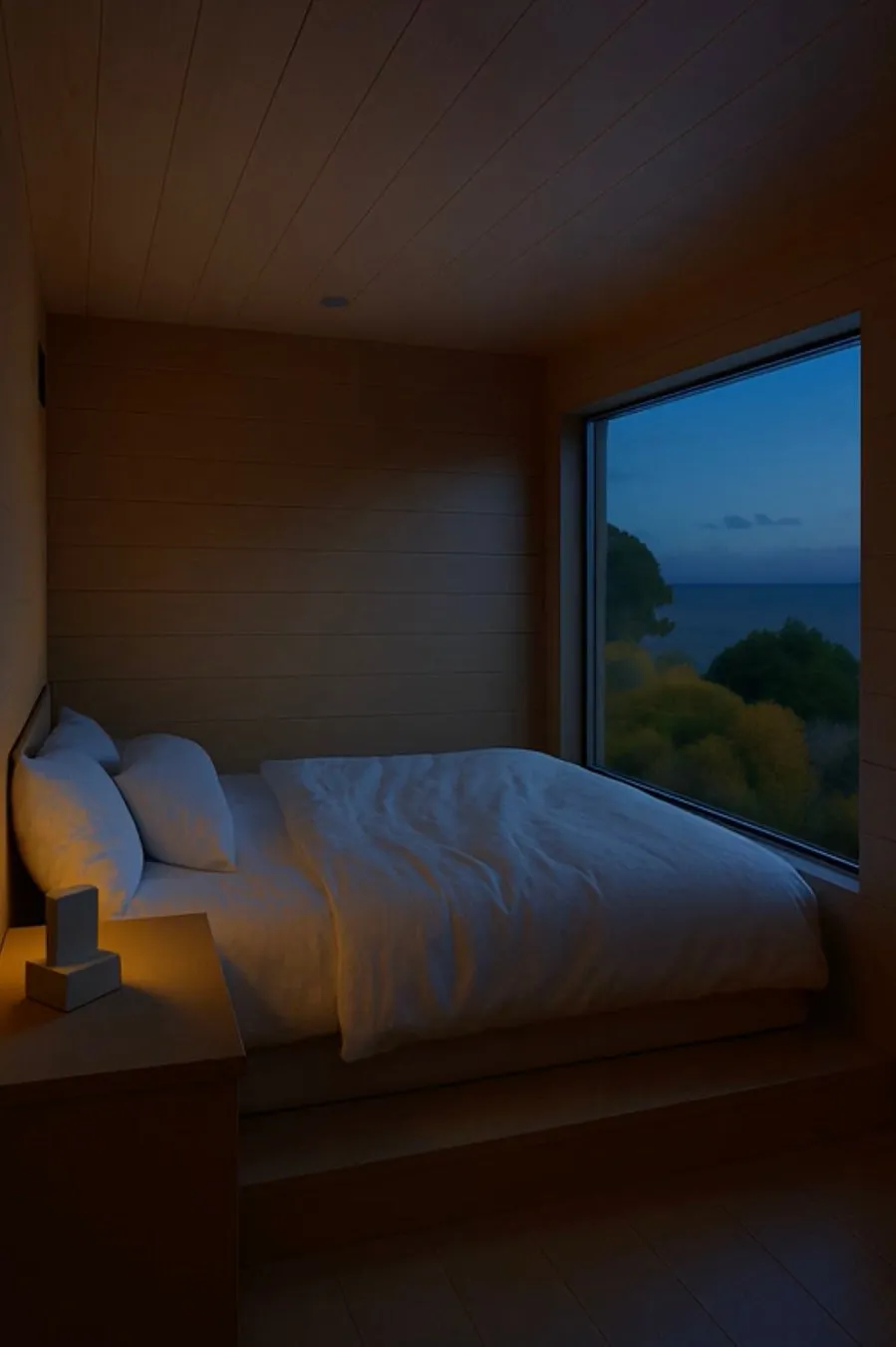 海に面した窓がある寝室の夜景。木製の壁と天井で囲まれた部屋には、白い寝具のベッドと温かい光を放つランプが置かれている。