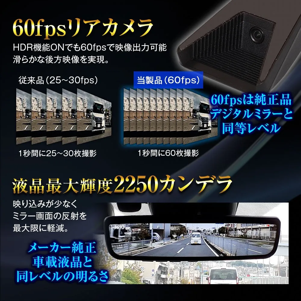 車のリアカメラの性能を示す画像です。60fpsの映像出力が可能で、従来の製品よりも滑らかな後方映像を実現しています。また、液晶の輝度が高く、ミラー画面の反射を軽減し、メーカー純正の車載液晶と同レベルの明るさを実現しています。