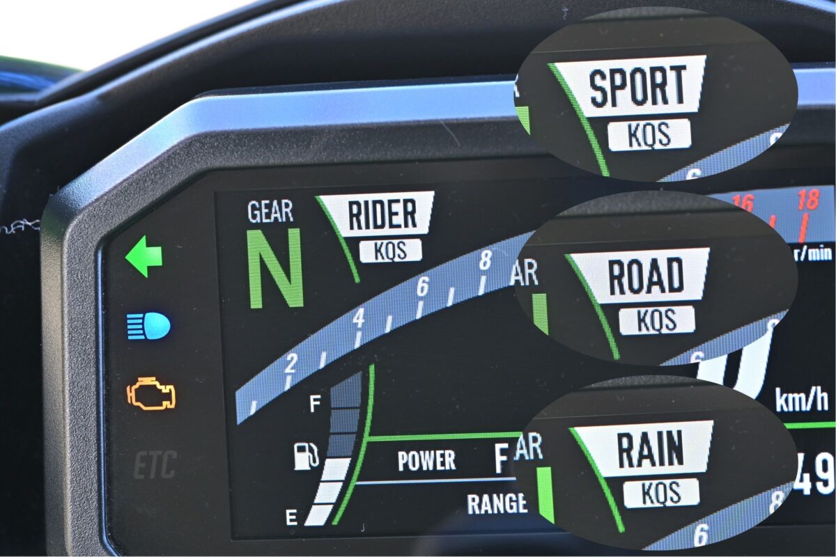 ライディングモードは「スポーツ」、「ロード」、「レイン」、「ライダー」の4モード。切り替えると、トラクションコントロールと出力特性の両方が包括的に切り替わり、「ライダー」では、トラクションコントロールが３段階＋OFF、２段階の出力特性を自由に設定できる。