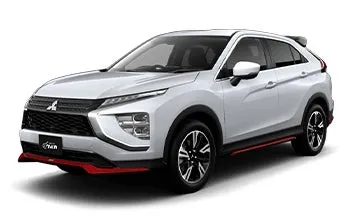 白い三菱のクロスオーバーSUV。赤のアクセントが施されている。