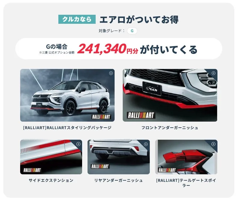 三菱自動車のエアロパーツを紹介する画像。スタイリングパッケージ、フロントアンダーガーニッシュ、サイドエクステンション、リヤアンダーガーニッシュ、テールゲートスポイラーなどのパーツが写っている。