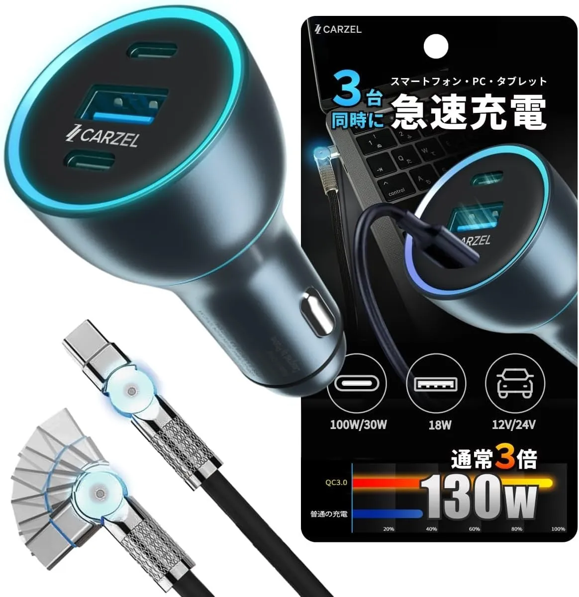 130W 3in1カーチャージャー