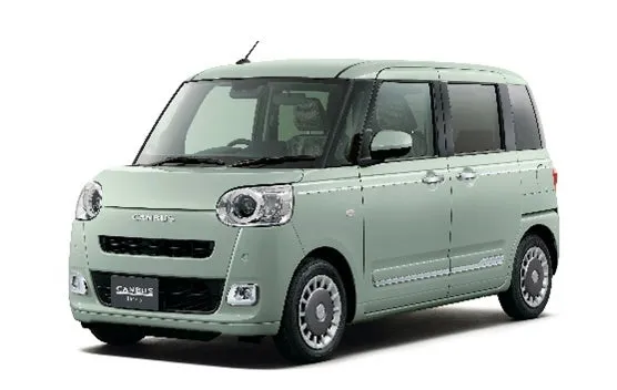 ミントグリーンのコンパクトな軽自動車「ムーヴキャンバス」の正面斜めからの画像