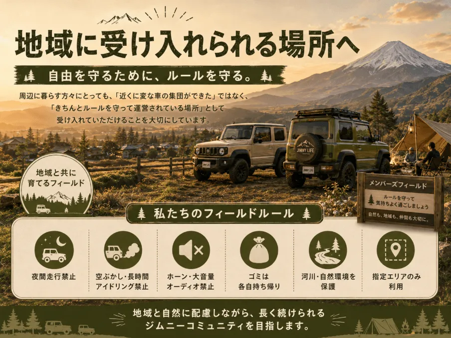 富士山を背景に、ジムニーコミュニティが地域と自然に配慮したルールで活動する様子。